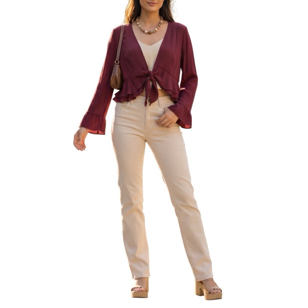 Y2K Romantic Burgundy Tie Front Top M Bell Sleeve Peplum Flowy Blouse Feminine